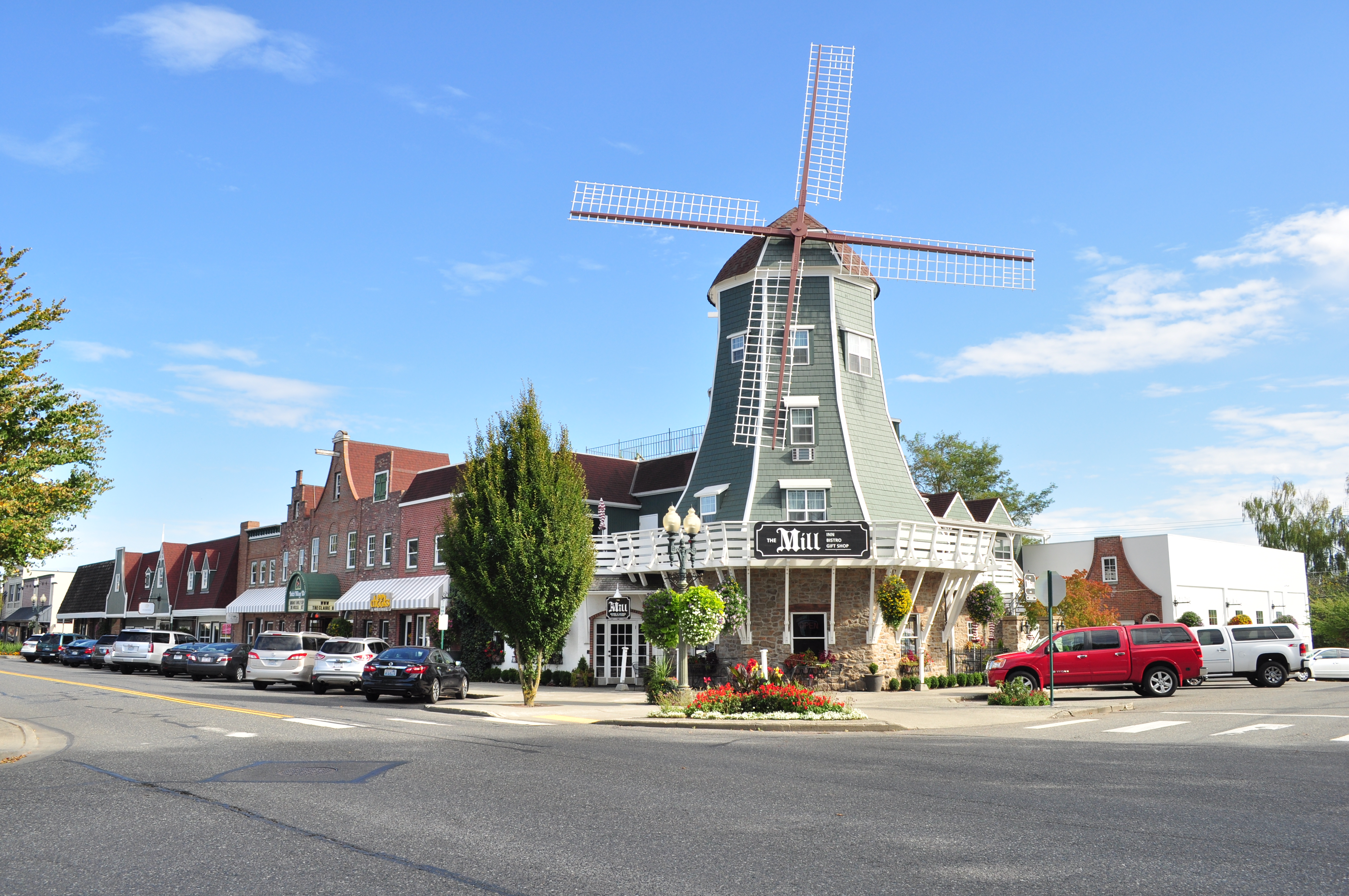 Dutch-style windmill building on Front Street in downtown Lynden, Washington